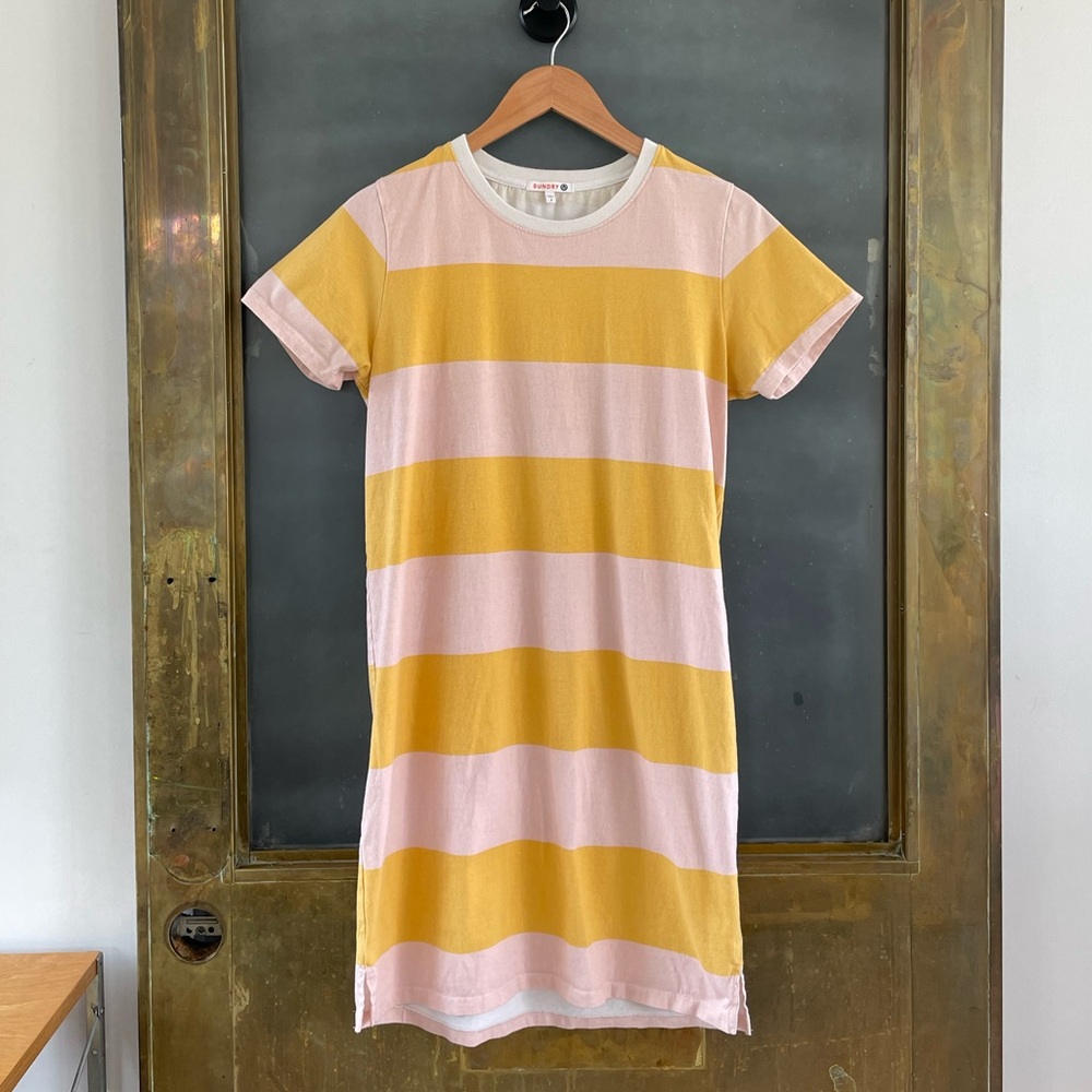 Sundry Yellow Pink Stripe T Shirt Dress Casual Cotton USA Size 2 small